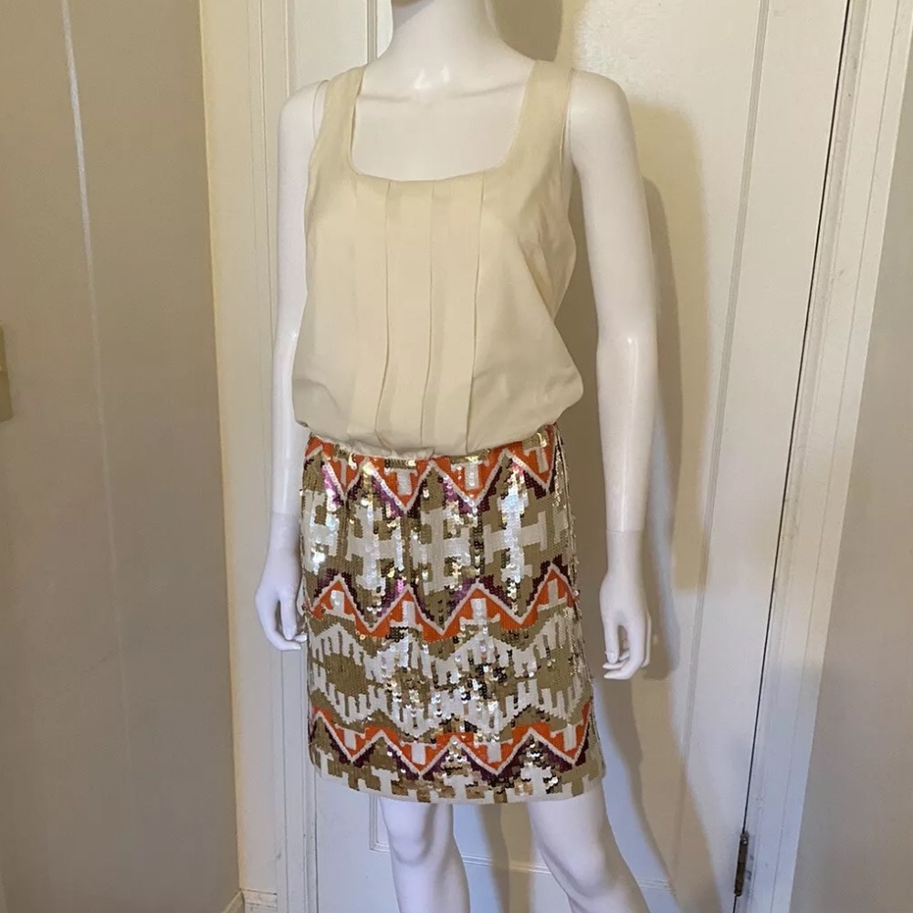 Jessica Simpson Contrast Dress Creme Multi Sequin Tribal Print Skirt, 6